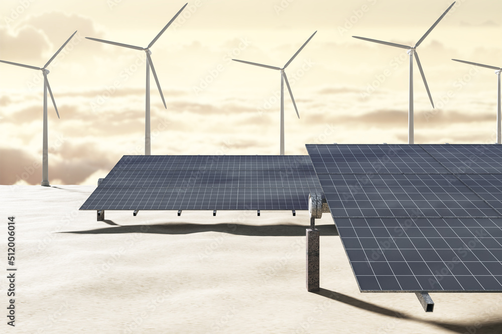 Poster creative solar panel and wind turbines on sky and fluffy clouds backdrop. renewable energy and farm 
