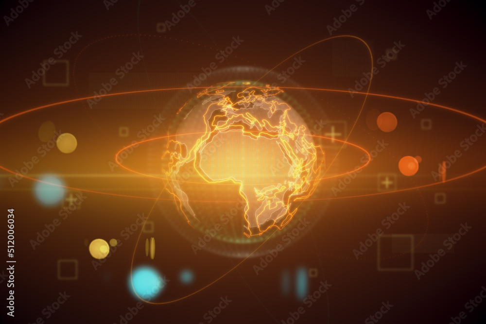 Aufkleber Hologram of globe. A holographic projection of planet earth. Flickering energy particles on blurry abstract dark backdrop. Science, future and globalization concept. 3D Rendering.