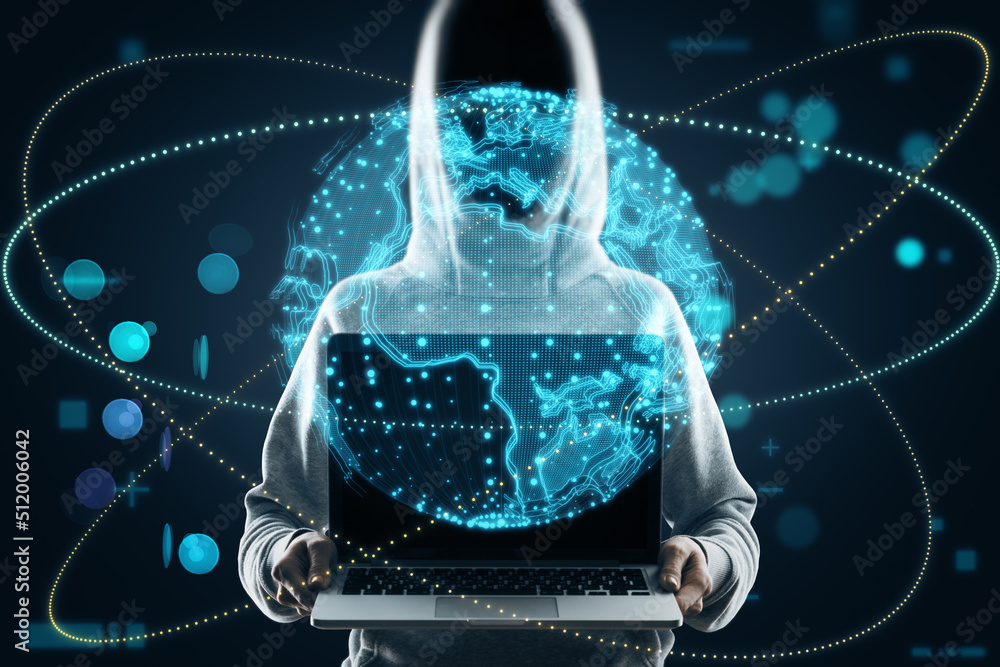 Aufkleber hacker hand holding laptop with bright globe hologram. a holographic projection of planet earth. fli