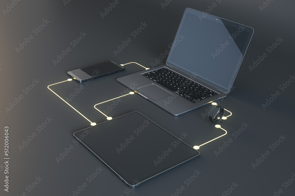 Poster Wireless connection and cloud data exchange concept with perspective view on modern laptop, smartphone, watches and digital tablet connected by virtual illuminated lines. 3D rendering