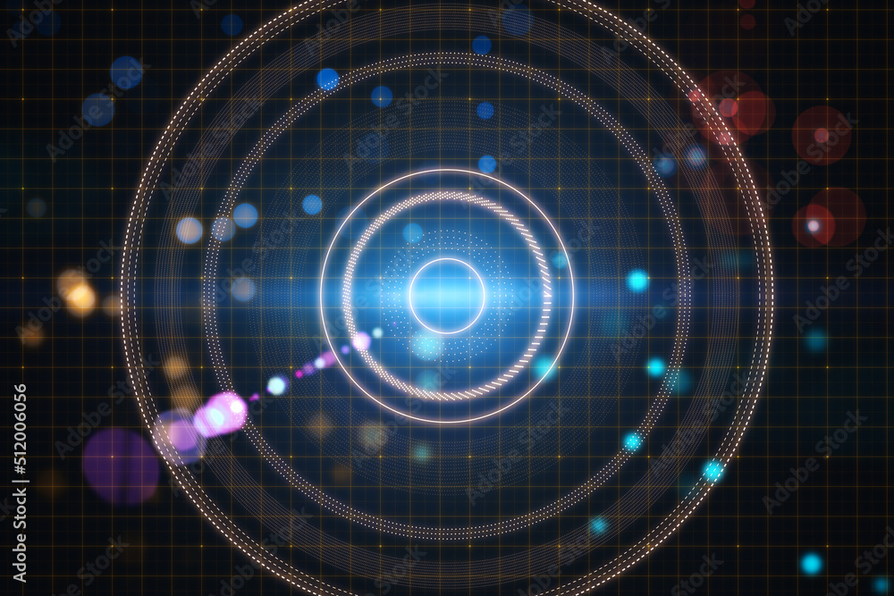 Poster Abstract blurry dark lens or round interface backdrop with grid and blurry bokeh circles. Space, sci fi and flare concept. 3D Rendering.