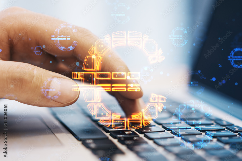 Poster Close up of hands using laptop computer keyboard with abstract glowing euro sign hologram on blurry background. Online banking, technology, data and finance concept. Double exposure.