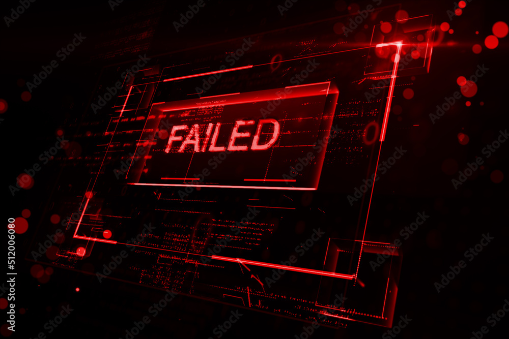 Poster Protection security system concept with digital red glowing failed sign in virtual glowing frame on abstract dark background. 3D rendering