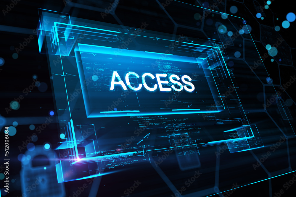 Aufkleber Access control and data protection concept with perspective view on digital white glowing sign in virtual frame on abstract dark background. 3D rendering