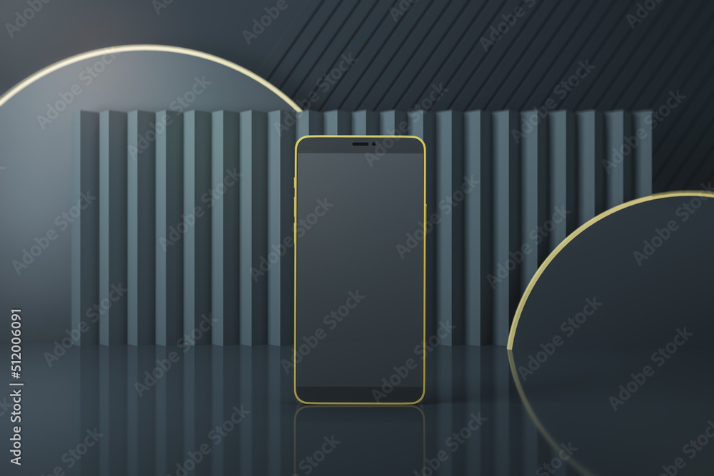 Poster Front view on blank dark modern smartphone screen with space for your logo or text on stylish background with grey shades decoration. 3D rendering, mock up