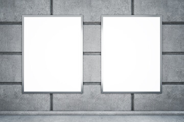 Abstract concrete tile wall with blank two white banners. Ad, commercial and information concept. Mock up, 3D Rendering.