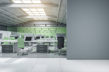 Modern concrete coworking office interior with blank mock up place on wall, furniture, equipment, glass partitions and sunlight. Empty workplace concept. 3D Rendering.