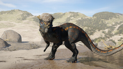 Pachycephalosaurus, dinosaur from the Late Cretaceous period walking on the beach