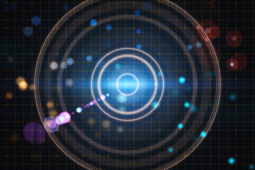 Abstract blurry dark lens or round interface backdrop with grid and blurry bokeh circles. Space, sci fi and flare concept. 3D Rendering.