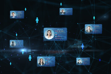 Freelance online service online concept with digital cards contain profile information and face photos and blue human signs on abstract dark background