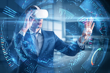 Stock market, trading and metaverse investing concept with young businessman wearing VR headset, analyzing digital VR financial chart interface, double exposure