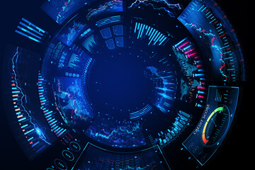 Financial analytics and monitoring data concept with abstract digital trading terminal interface on dark blue background. 3D rendering