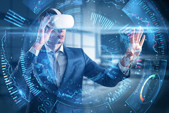Stock market, trading and metaverse investing concept with young businessman wearing VR headset, analyzing digital VR financial chart interface, double exposure