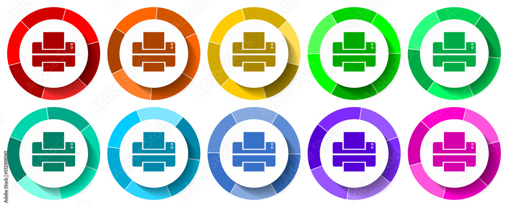 Poster Printer icon set, print flat design vector illustration in 10 colors options for mobile applications and webdesign