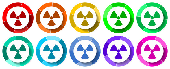 Nuclear icon set, radioactive flat design vector illustration in 10 colors options for mobile applications and webdesign