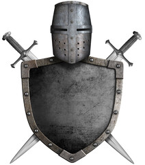 medieval knight shield, helmet and crossed swords isolated 3d illustration - obrazy, fototapety, plakaty
