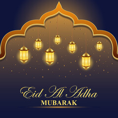 Eid al Adha Mubarak greeting card with gold ornament vector illustration