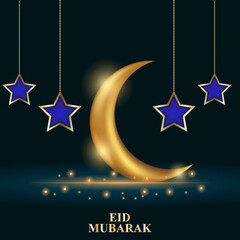 Eid Mubarak with golden decorative moon greeting vector illustration