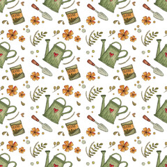 Watercolor Autumn Seamless pattern with Garden tools, Leaves, Branches and Orange Flowers on white background. Watercolor Hand drawn Background for textile, Wrapping paper, fabric.