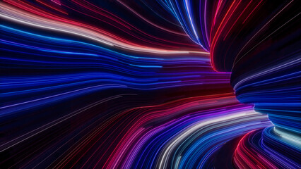 Colorful Lines Tunnel with Blue, Pink and Purple Stripes. 3D Render.