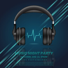  Music night party poster with music headphone vector illustration 