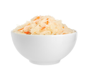 Bowl of tasty sauerkraut with carrot on white background