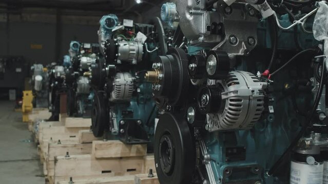 View of multiple professional machinery engines in row at factory