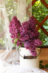Beautiful lilac flowers in milk can near window indoors