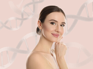 Beautiful young woman against beige background with illustration of DNA chains