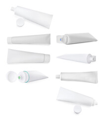 Collage with different toothpastes on white background