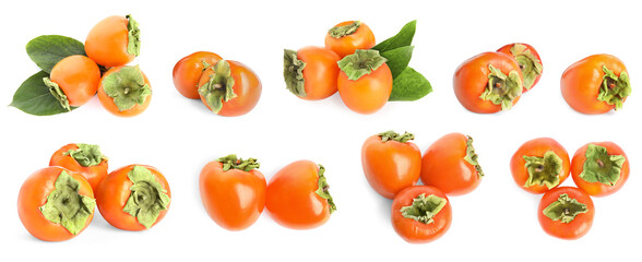 Set with sweet ripe persimmons on white background. Banner design