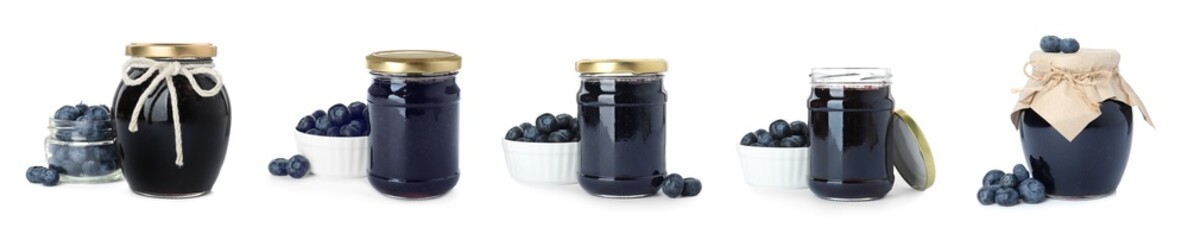 Set with jars of tasty blueberry jam and fresh berries on white background. Banner design