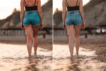 A woman in summer clothes walks along the beach, legs close-up. Rear view. Before and after. The...