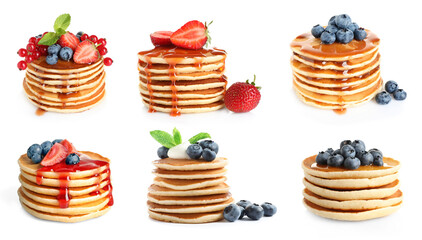 Set with tasty pancakes on white background