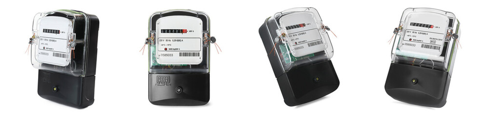 Set of electricity meters on white background. Banner design