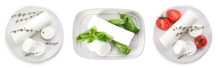 Set with delicious goat cheese on white background, top view. Banner design