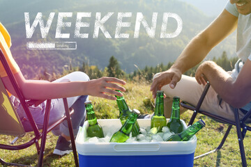 Weekend coming soon. Illustration of progress bar and couple resting in mountains