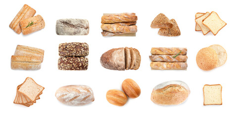 Collage with different bread on white background, top view. Banner design