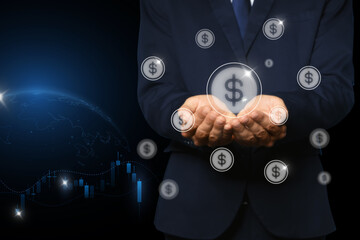 Man demonstrating virtual dollar sign on dark background, closeup