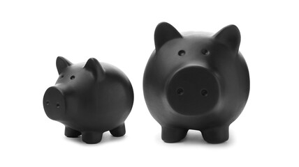 Black ceramic piggy banks on white background