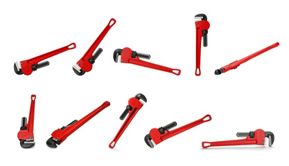 Pipe wrench on white background, collage with views from different sides. Plumbing tool