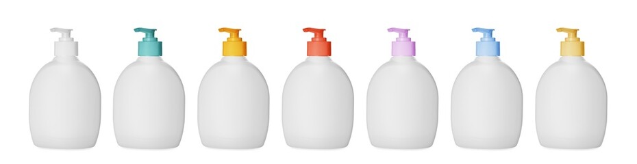 Set with bottles of liquid soap on white background. Banner design