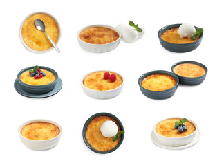 Set with delicious creme brulee on white background