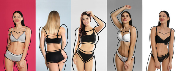 Collage with photos of slim young women wearing beautiful underwear on different color backgrounds, banner design. Illustrations of lines around ladies before weight loss - obrazy, fototapety, plakaty
