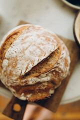 freshly baked sourdough bread closeup top view. top of bread macro.