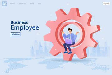 Business employee sitting inside giant red gear holding laptop. Man working on technical process with world map background. Corporate management and industrial support concept banner.