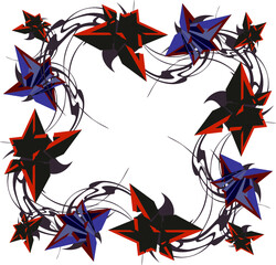 Frame with floral and star motifs on white. Twirled vector object with 3d red-purple stars for banners, invitation cards, decoration, textiles, fashion trends, fabric, ceramics, holidays, events, etc.