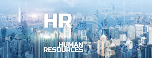 HR - Human resources management and recruitment concept on modern city. Double exposure people network structure