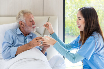Elderly care feeding an elderly woman at retirement house. Caregiver nurse take care a Senior...