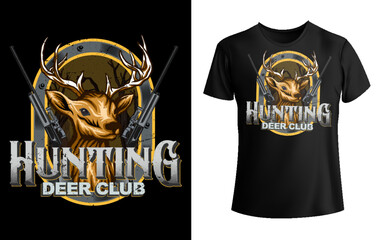 Hunting deer club tee shirt, hunting vector illustration, vintage typography t-shirt design with deer, gun, outdoor adventure 
